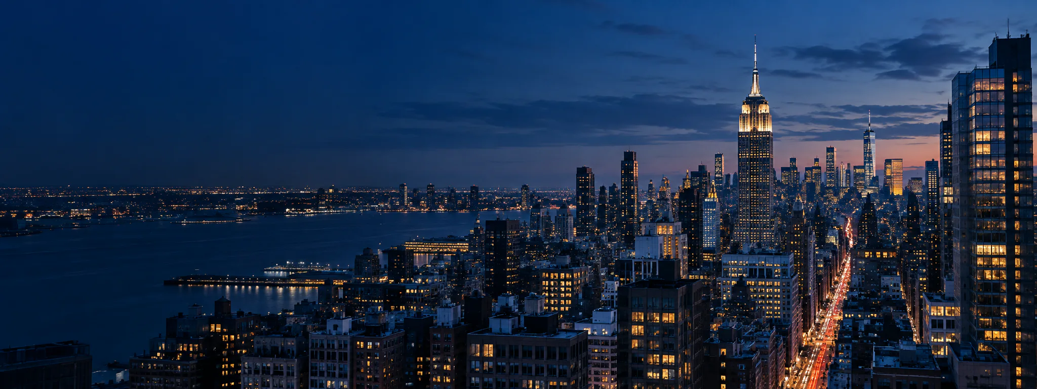 Aerial view of the Manhattan skyline at blue hour